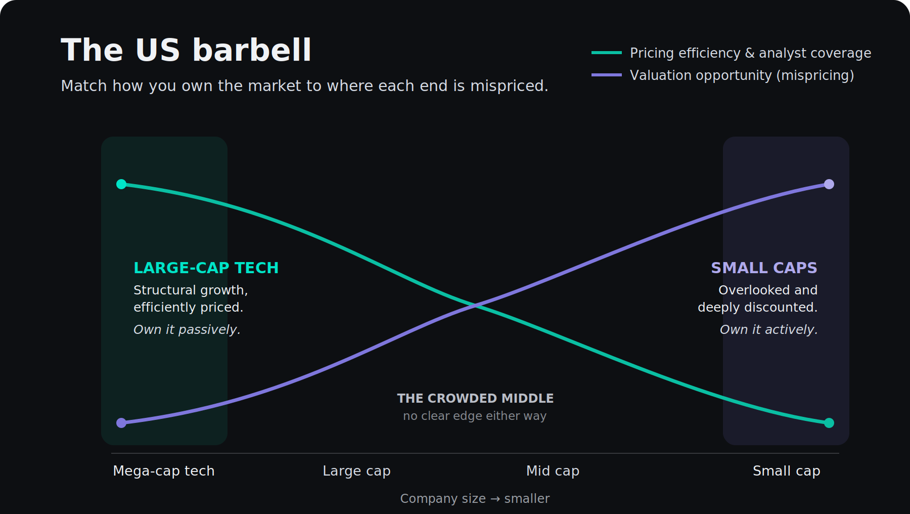 Conceptual US equity barbell. Pricing efficiency and analyst coverage decline toward small caps, while the illustrated mispricing opportunity rises; the chart contrasts passive large-cap exposure with active small-cap selection.